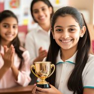 happy Indian girl student in a school uniform holding a golden trophy cup and smiling with her teacher standing near her at a desk with other students